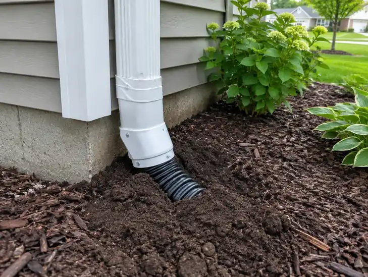 Downspout connected to a buried drain line next to a house foundation