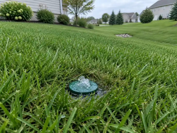 Pop up emitter at the outlet of a finished French drain in a lawn
