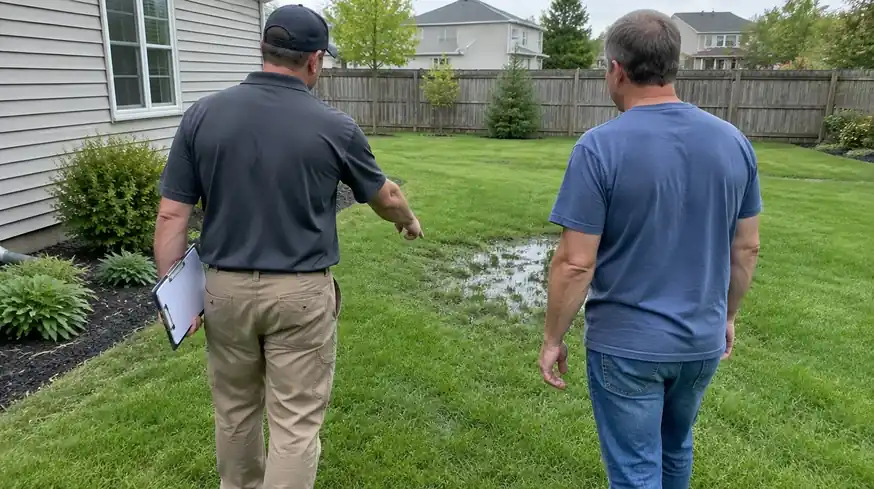 Free drainage check walkthrough of a wet backyard