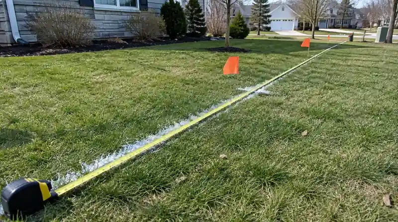 Measuring a planned French drain route to estimate cost in a Perrysburg yard