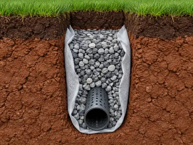 Cutaway view of a French drain with gravel, fabric and perforated pipe in clay soil