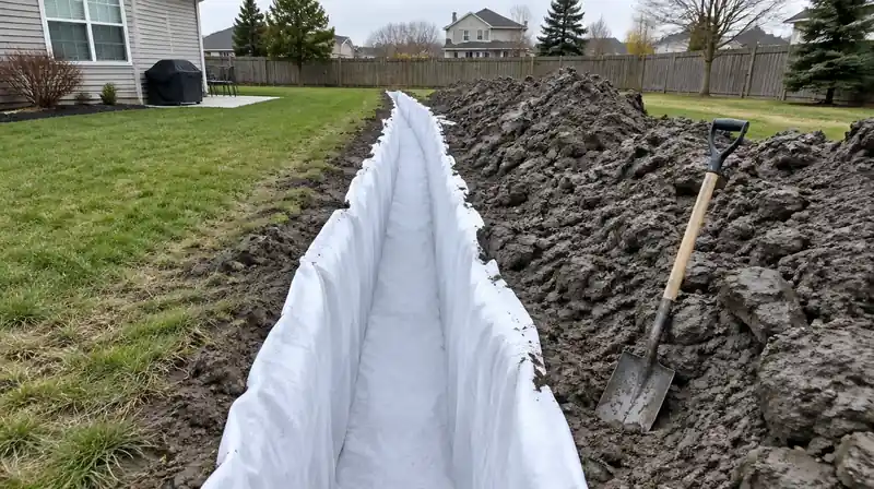 French drain installation in Perrysburg, OH with filter fabric lining the trench