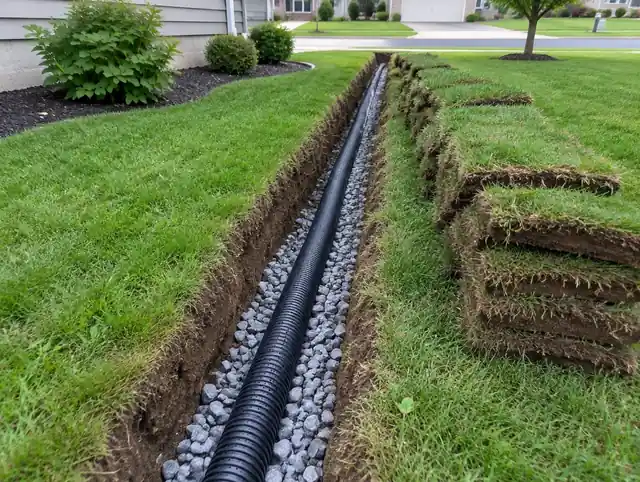 French drain trench with perforated pipe on washed gravel in a Perrysburg yard
