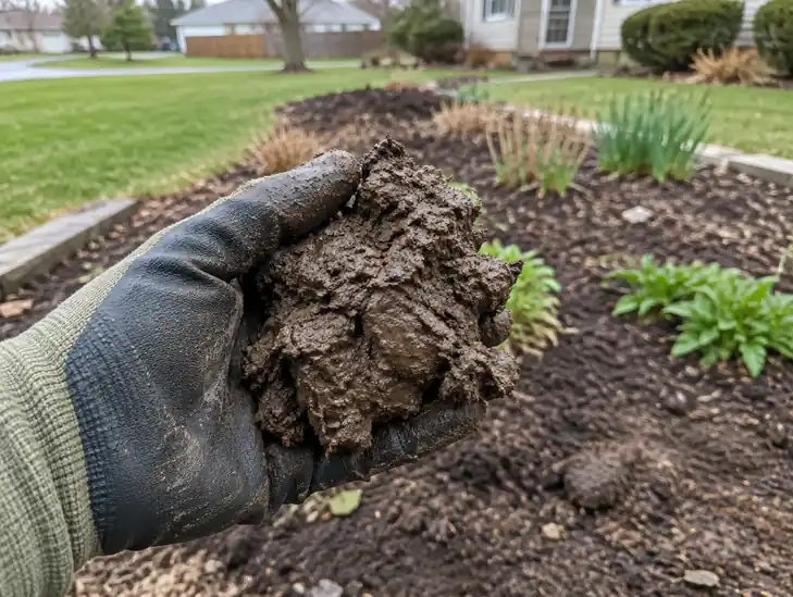 Handful of sticky clay soil that drains poorly