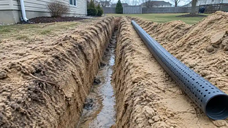 Drain trench in sandy soil with groundwater seeping in, Holland, OH