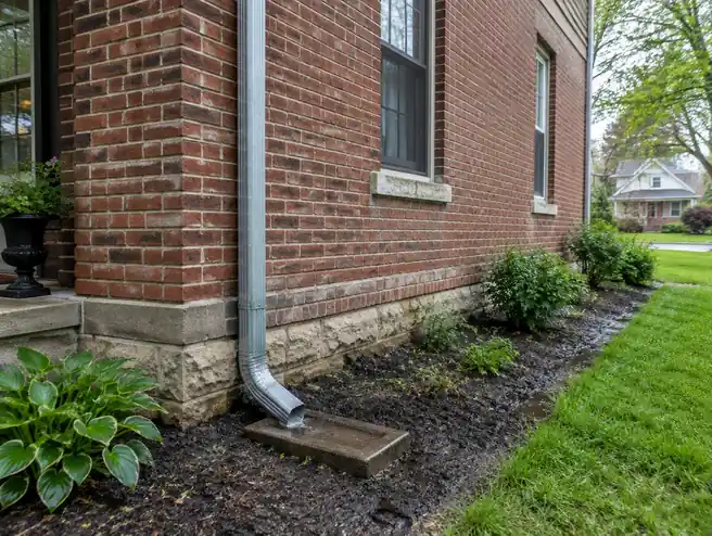 Downspout on an older Maumee brick home draining next to the foundation