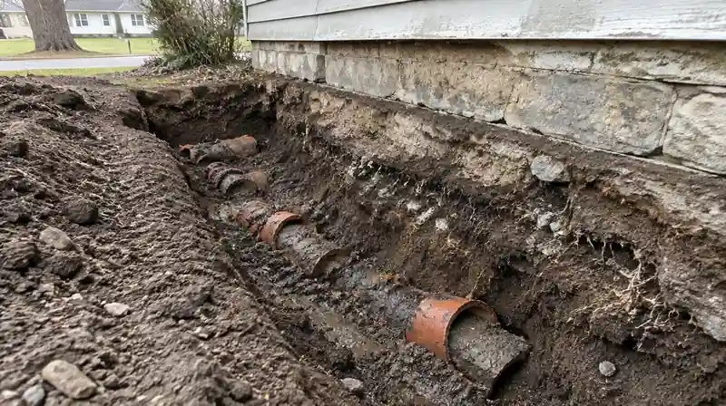 Old cracked clay drain tile dug up beside a Maumee home foundation