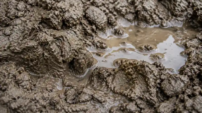 Dense clay soil holding water on the surface, typical of Perrysburg