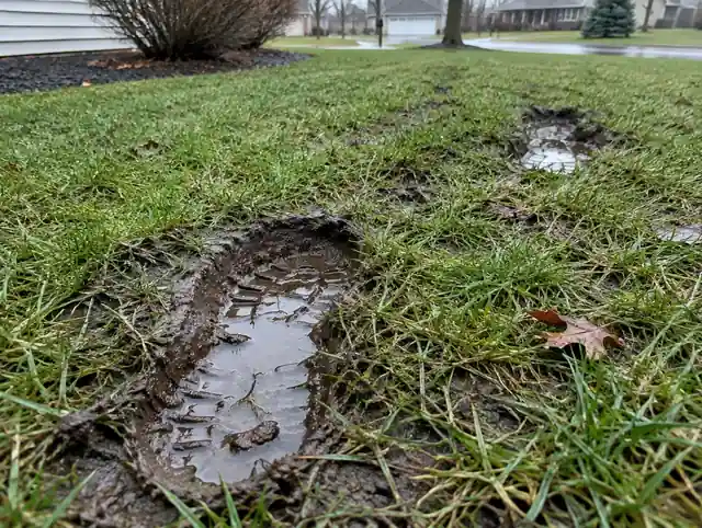 Soggy lawn with water filled footprints from poor yard drainage
