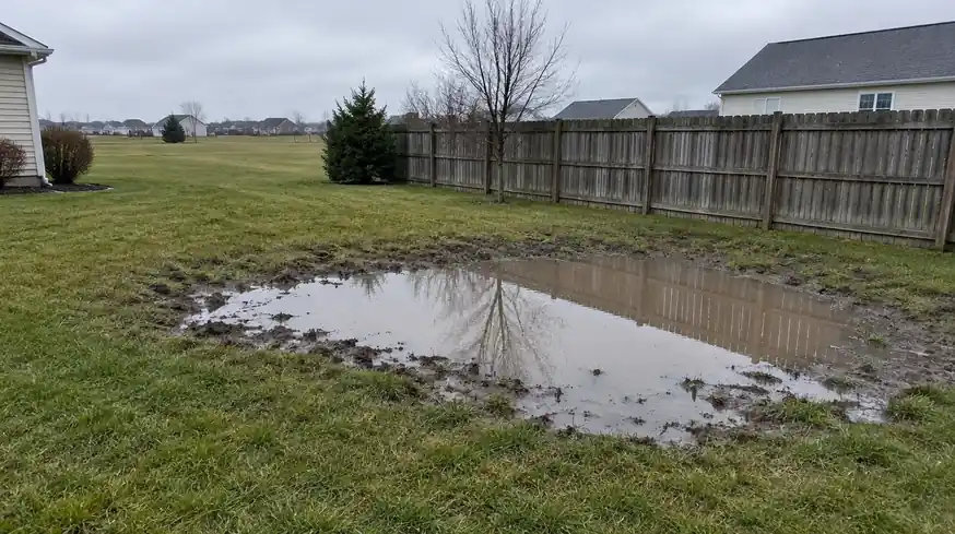 Standing water in a Perrysburg yard sitting on heavy clay soil