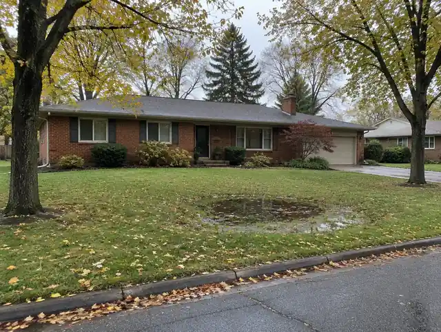 Older home in Sylvania with a damp low spot in the front lawn