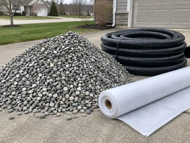Washed gravel, perforated pipe and filter fabric used in a French drain