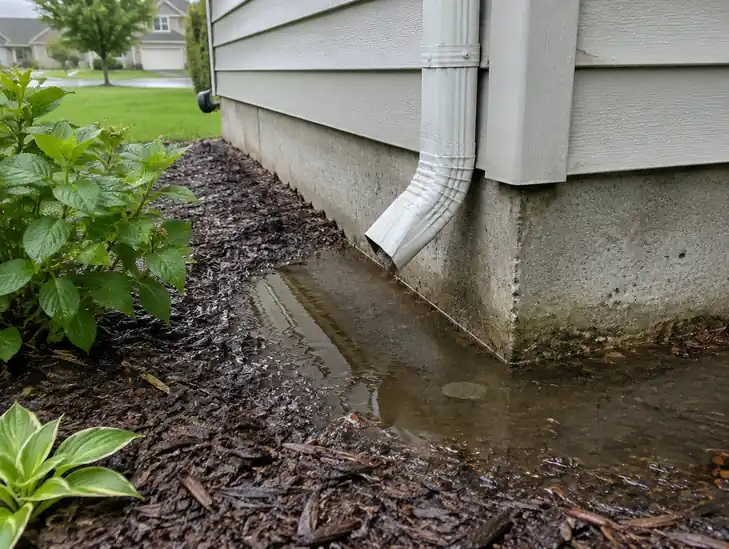 Rain water pooling against a house foundation