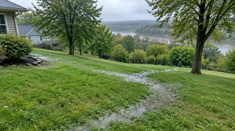 Runoff flowing down a sloped backyard in Waterville, OH