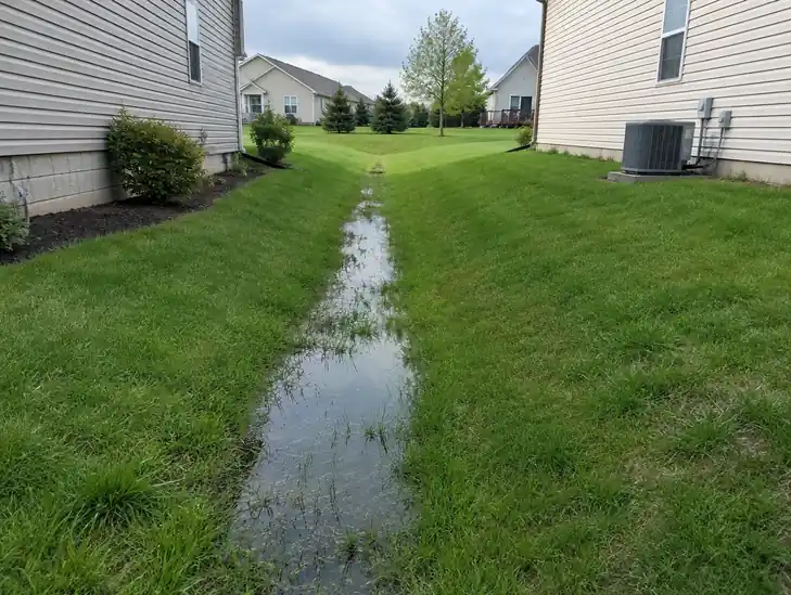 Swale holding water between two homes in Waterville