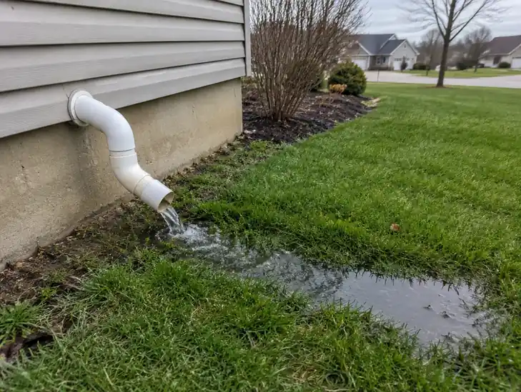 Short sump discharge line leaving a wet strip in a Whitehouse lawn