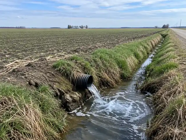 Farm drain tile outlet flowing into a ditch on flat Wood County land