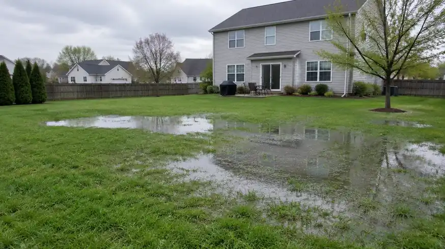 Standing water on a flat backyard lawn after spring rain in Perrysburg, OH